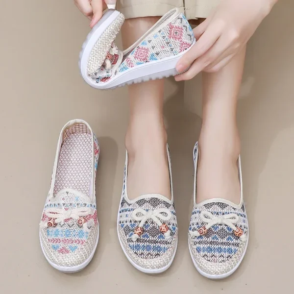 Fashion Embroidered Linen Shoes for Women New Ethnic Style Non-slip Comfort Loafers Ladies Bowknot Soft Flats Zapatos De Mujer - Image 3